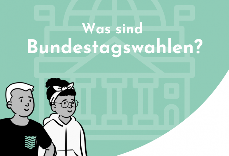 Grafik mit zwei der Projekt-Cartoonpersonen und dem Titel: Was sind Bundestagswahlen?